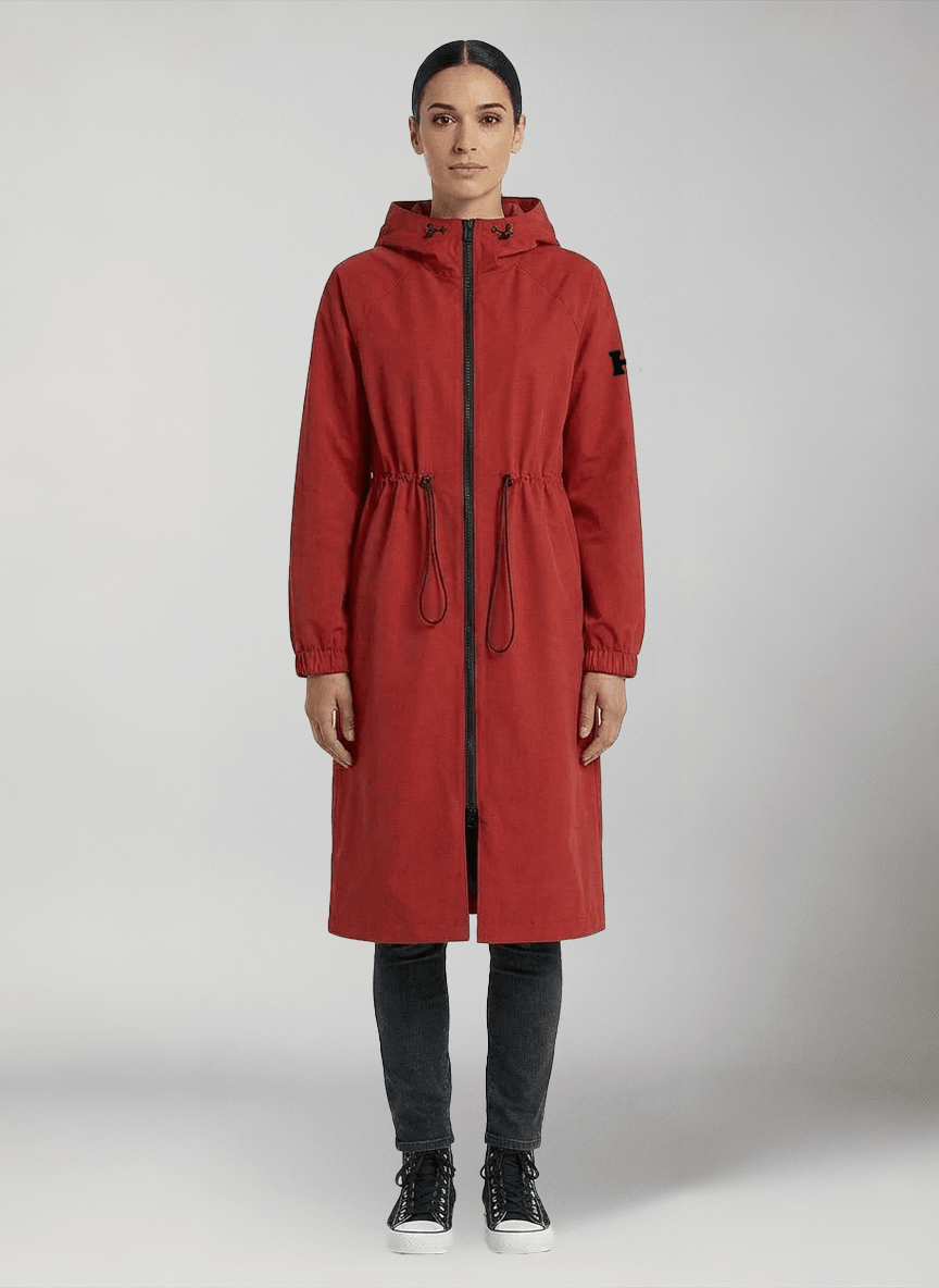 giacca lunga donna mezza stagione rossa rodi coat modella fronte 