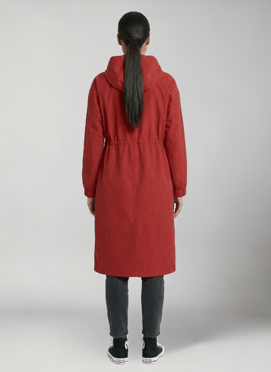 giacca lunga donna mezza stagione rossa rodi coat modella retro 