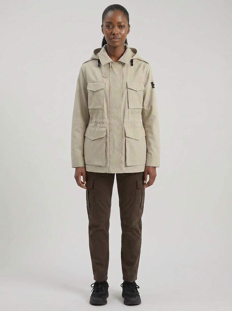 giacca regular donna beige mezza stagione aron field jacket modella fronte 